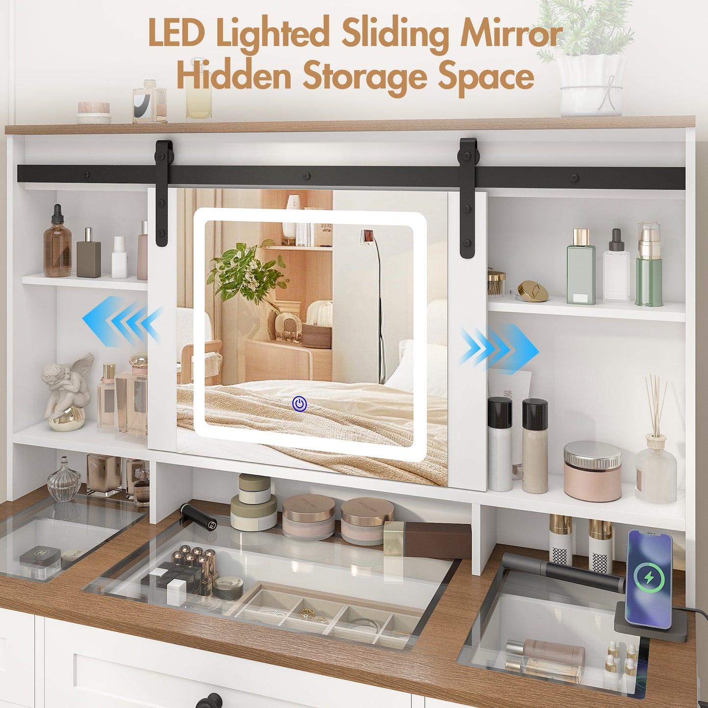 Advwin Farmhouse Vanity Desk with LED Mirror