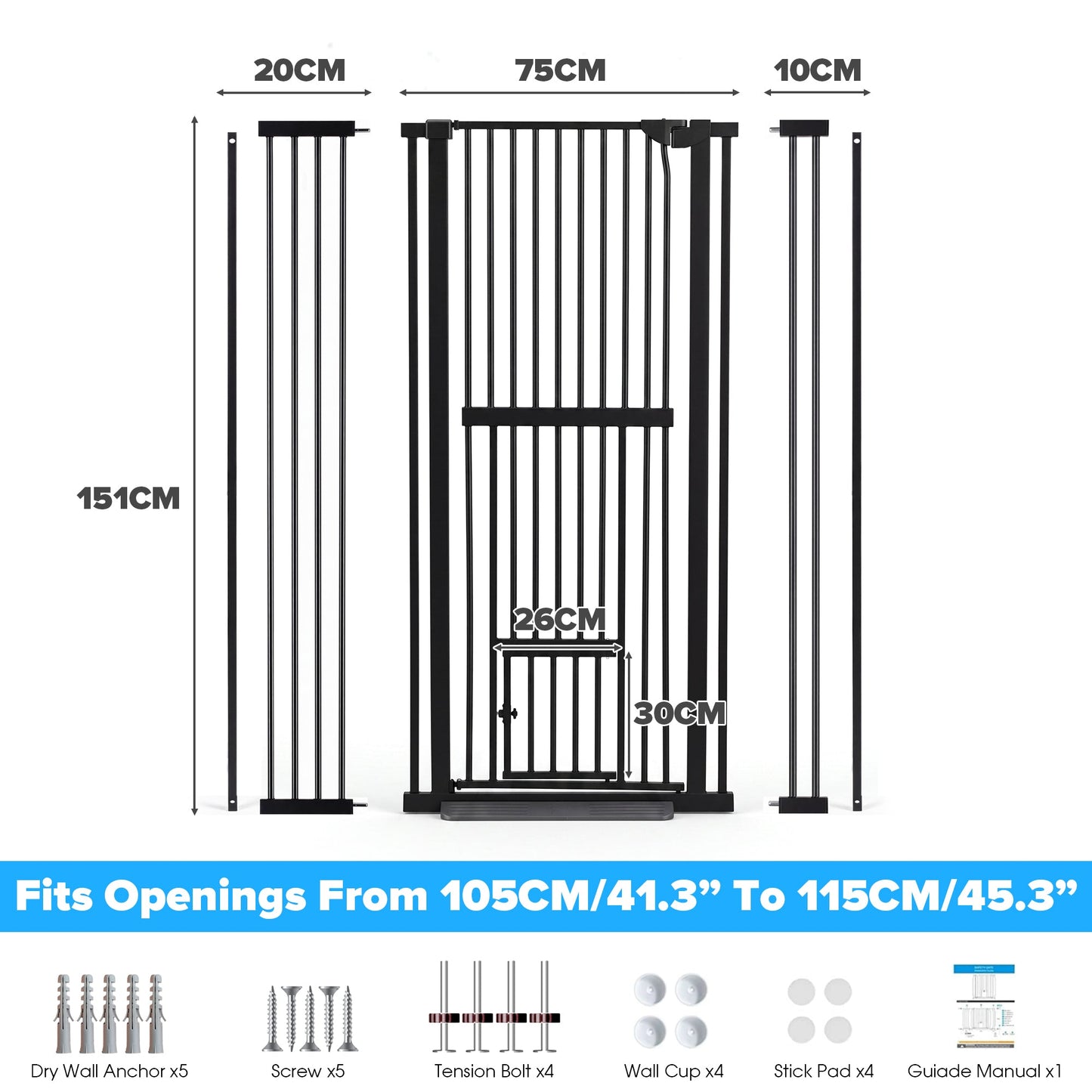 Advwin 150cm Extra Tall Pet Gate with Small Cat Door