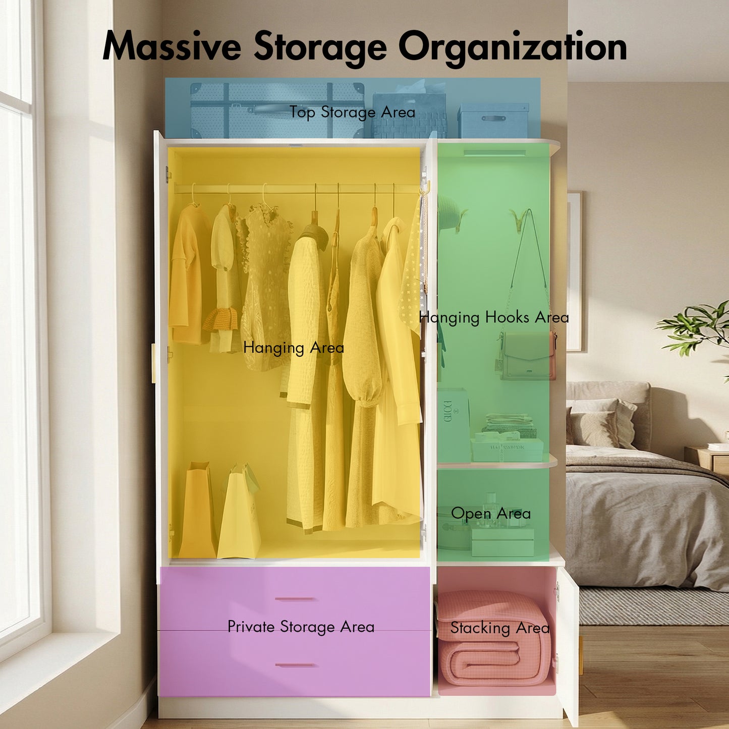 Advwin 3 Doors Armoire Wardrobe Closet with Mirror
