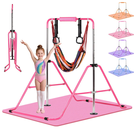 Advwin Pink Kids Gymnastics Bar with Mat Rings Swing