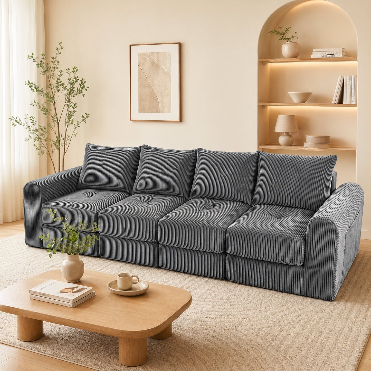 Advwin 300cm Corduroy 4-Seater Modular Sofa Bed