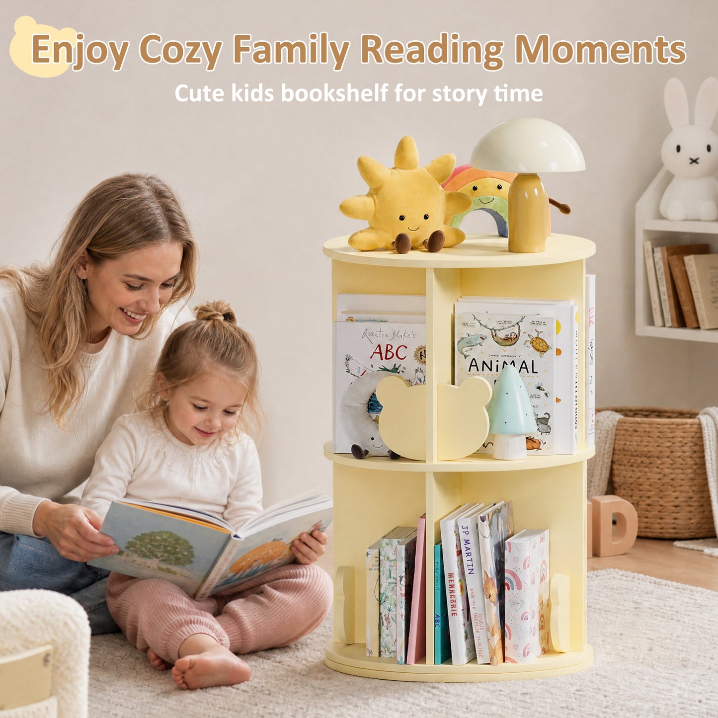 Advwin 2-Tier Kids 360° Rotating Bookshelf Yellow