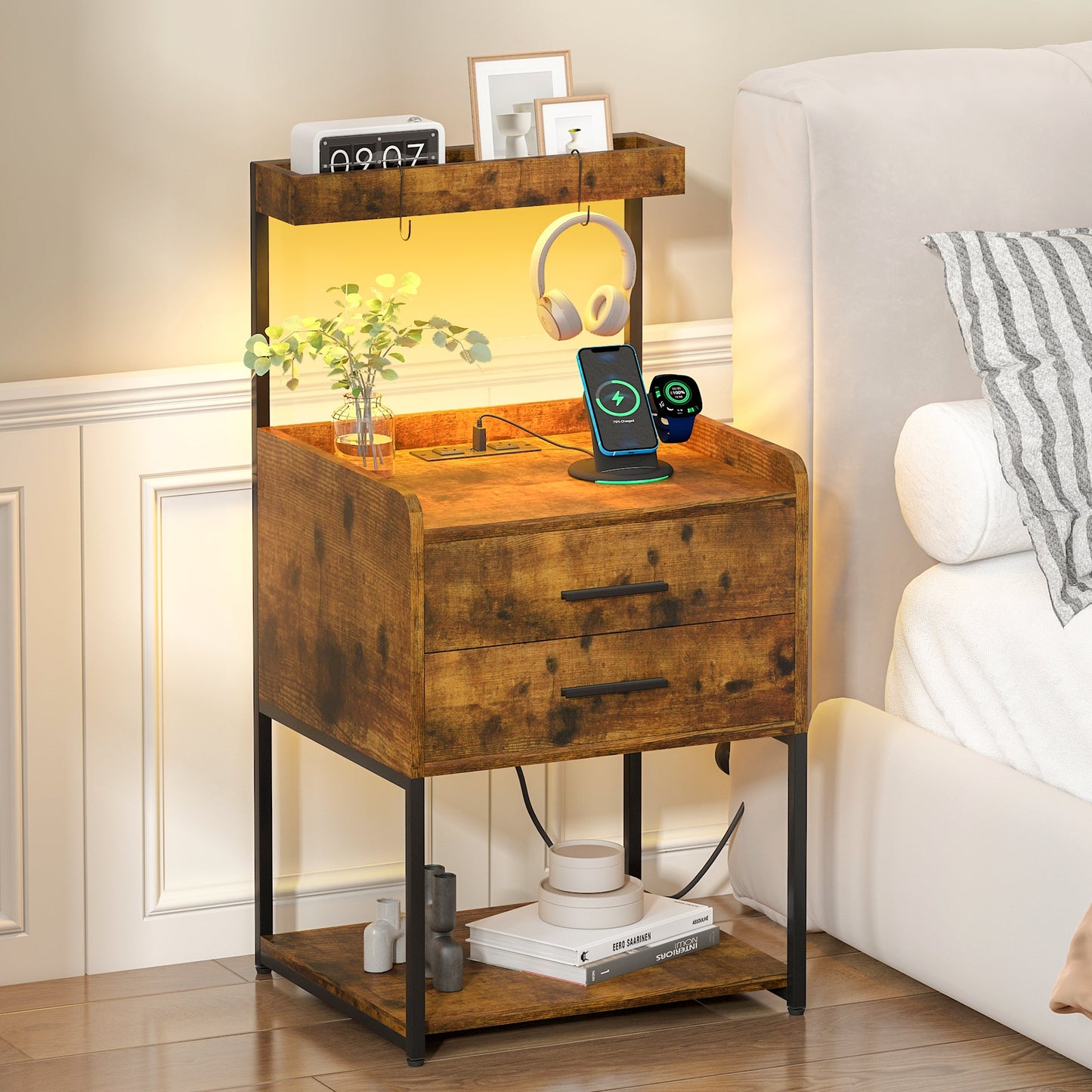 Advwin LED Bedside Table with Charging Station