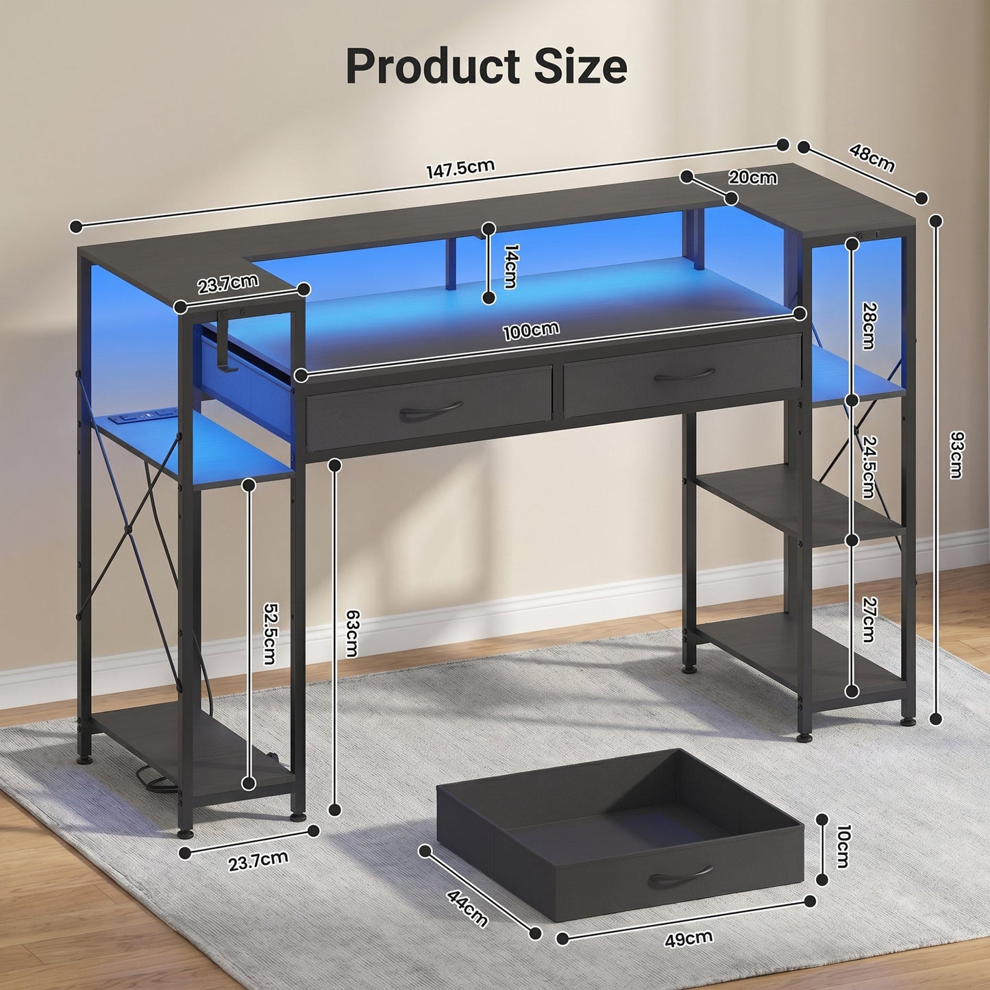 Advwin U Shaped Gaming Desk with LED Lights 148cm