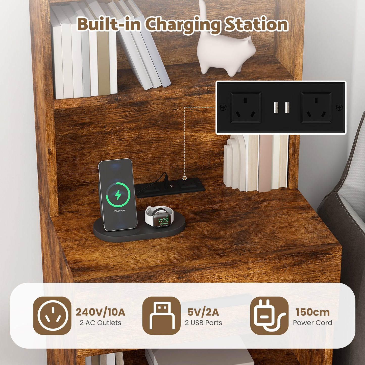Advwin Set of 2 Tall Bedside Table with Charging Station