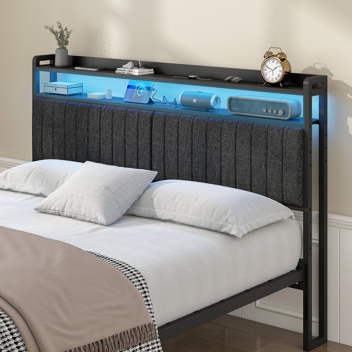 Advwin Storage Headboard Upholstered with Light Charging Station