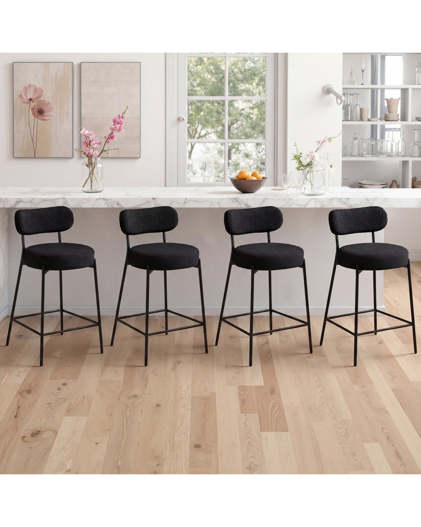 Advwin Bar Stools Set 2 Boucle Kitchen Counter Black