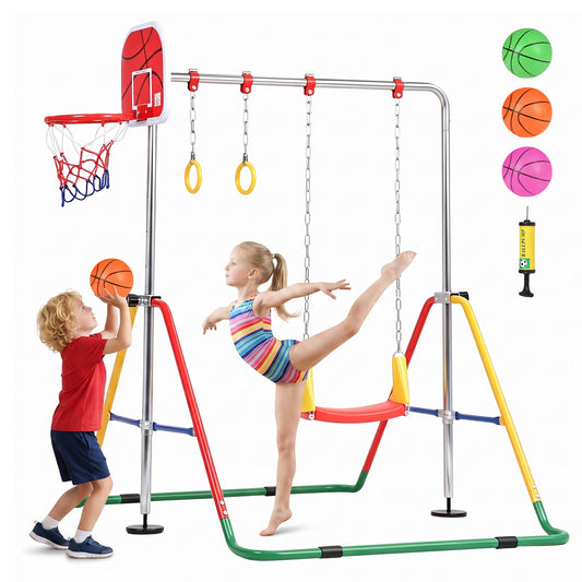 Advwin Kids Foldable Gymnastics Bar with Basketball Hoop & Swing