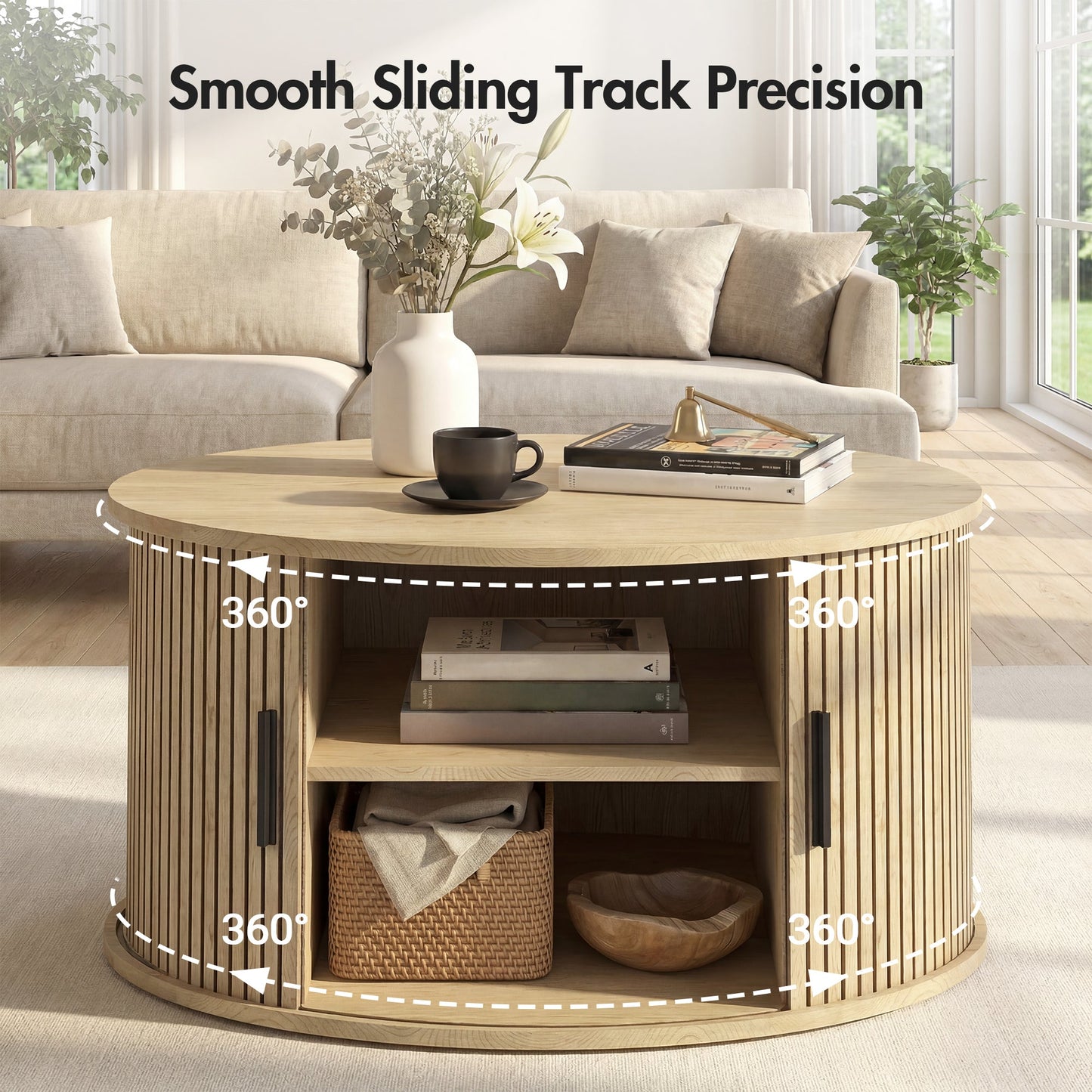 Advwin 80cm Round Coffee Table with Sliding Door & Storage