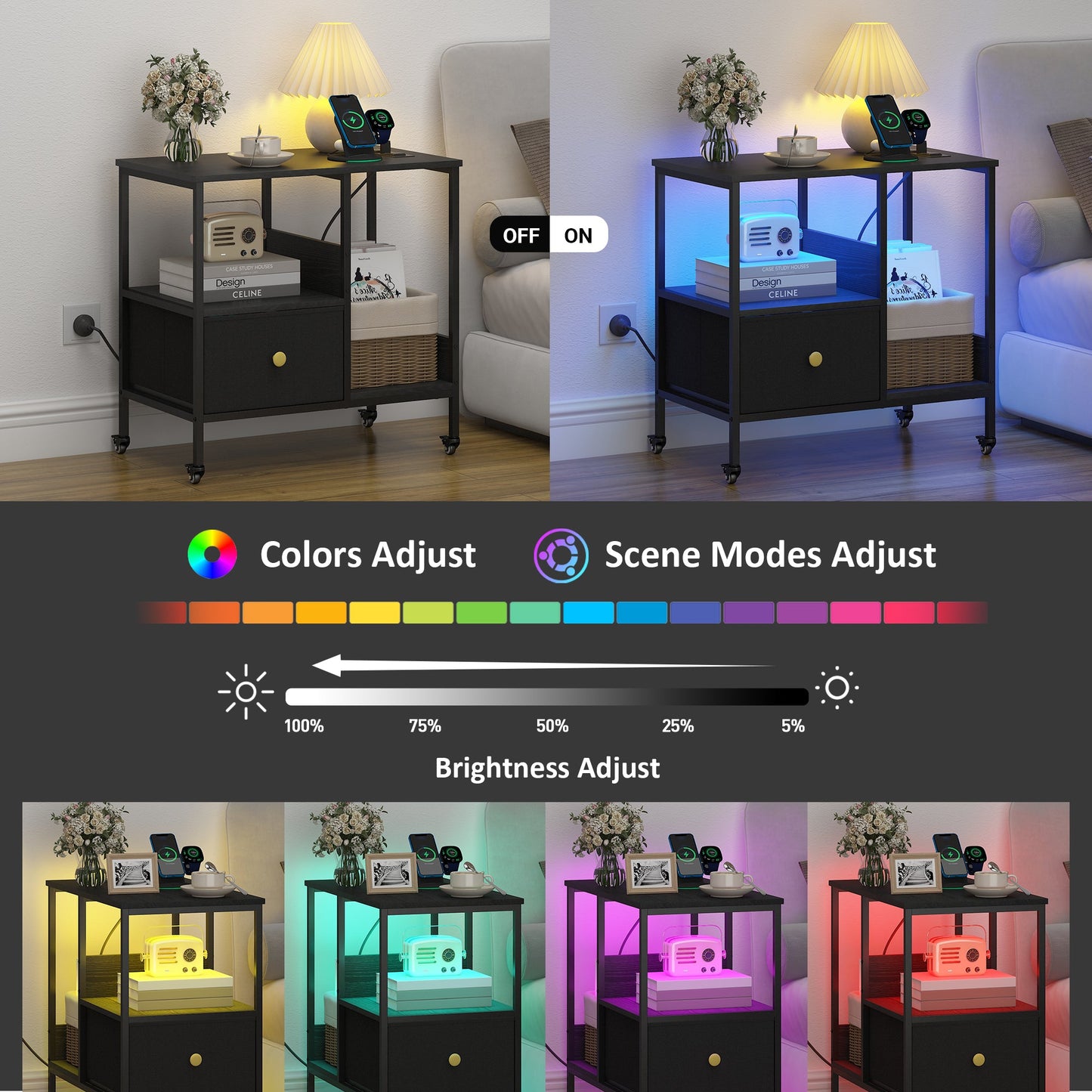 Advwin LED Side Table w/ Power Outlets & Wheels