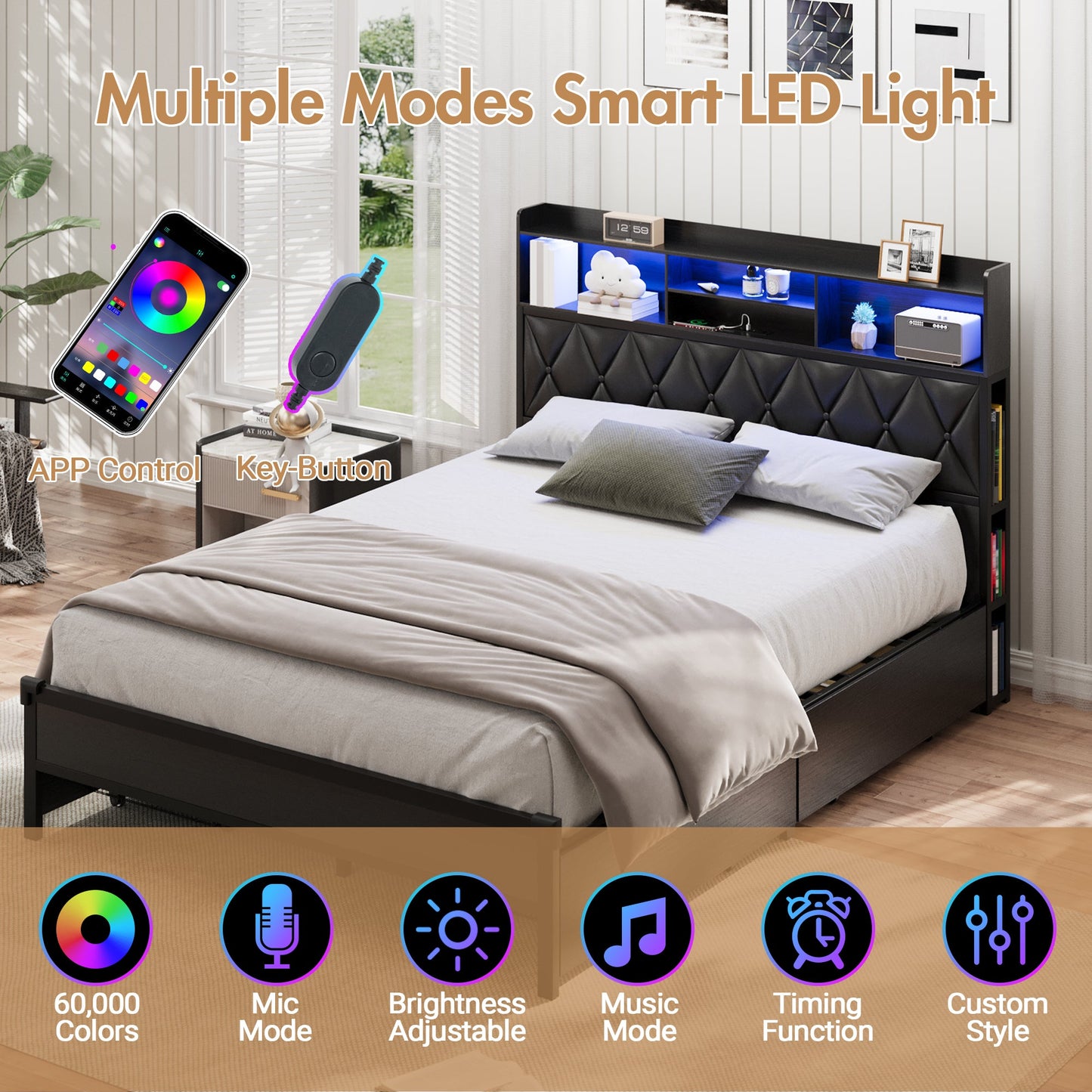 Advwin Queen Bed Frame with 4 Storage Drawers
