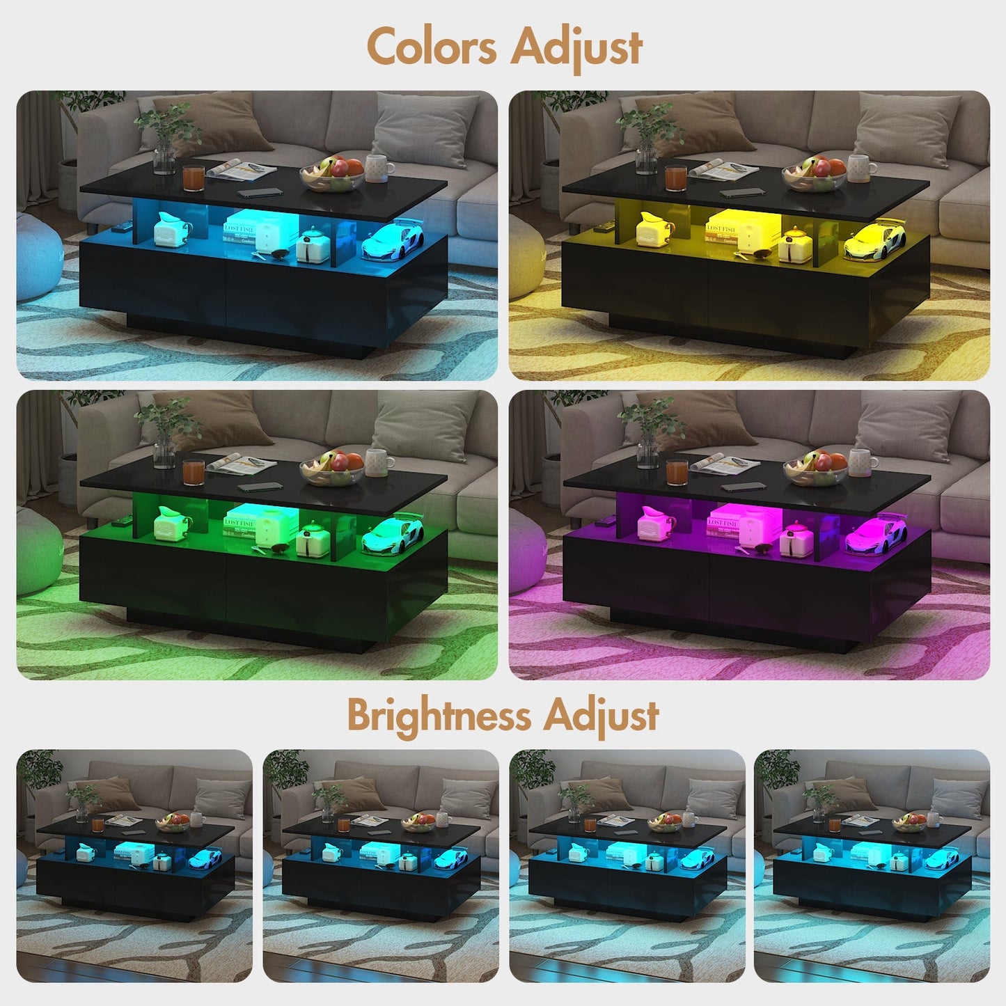 Advwin LED Coffee Table with 4 Storage Drawers