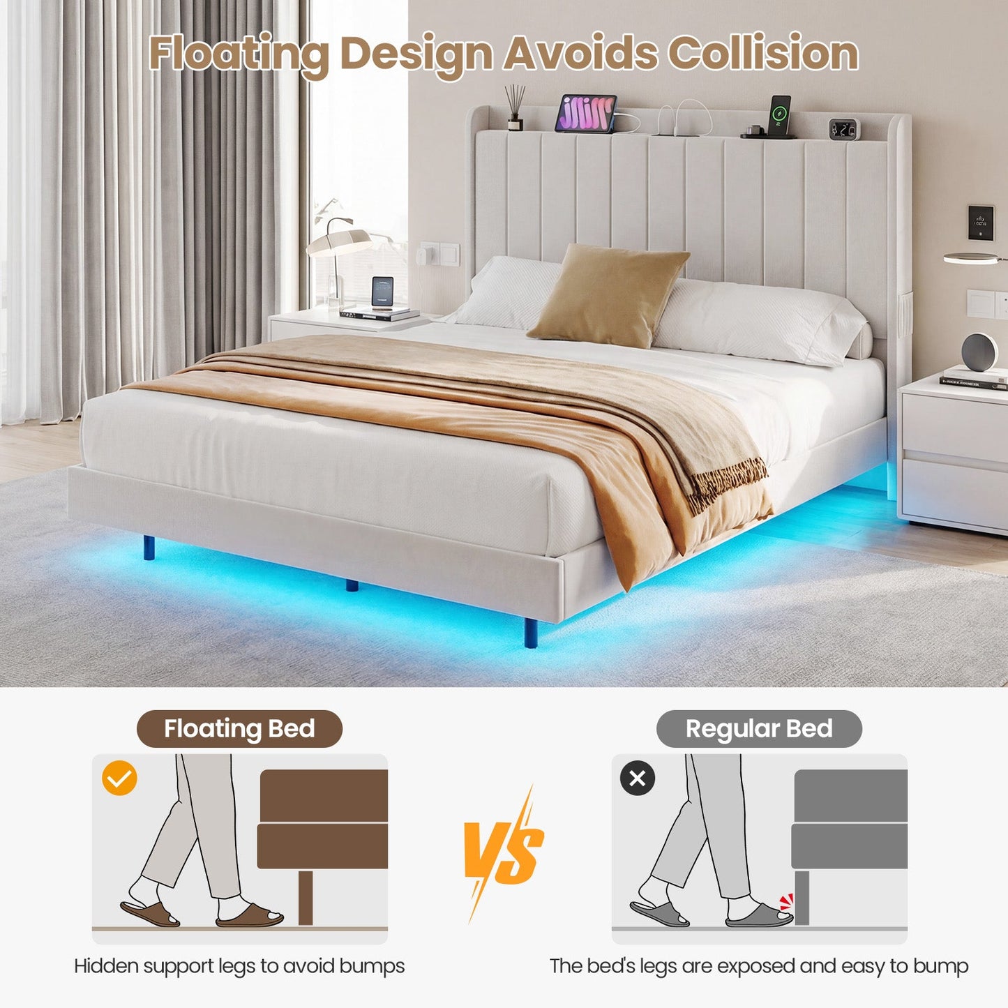 Advwin Velvet Floating Bed Frame with RGB LED