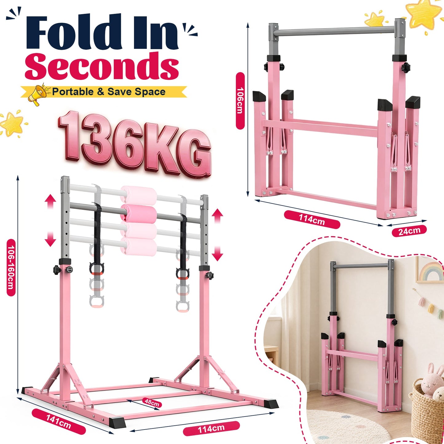 Advwin Gymnastics Bar for Kids Quick Foldable Horizontal Bar