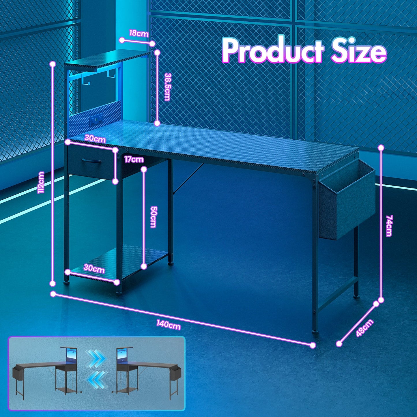 Advwin Gaming Desk with LED Lights & Storage Shelf