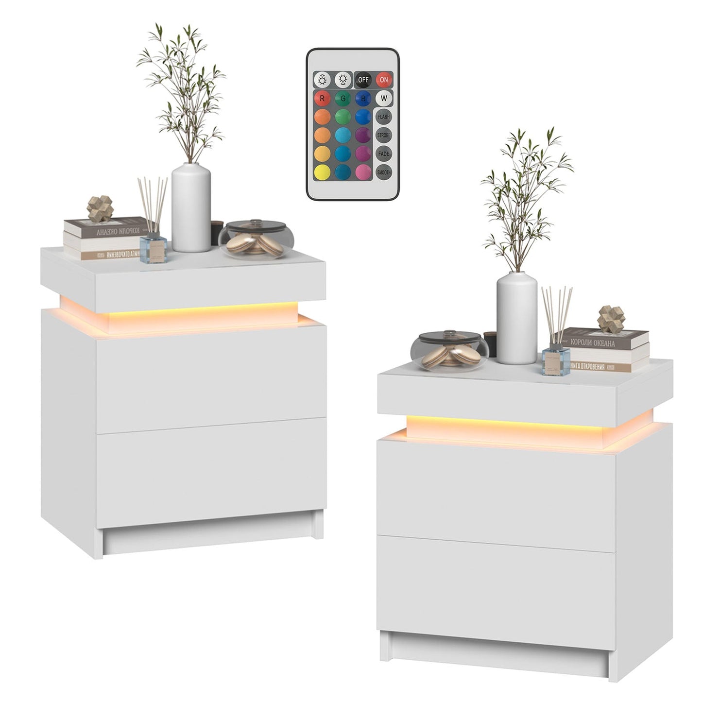Advwin Set of 2 Bedside Table With Nightstand LED