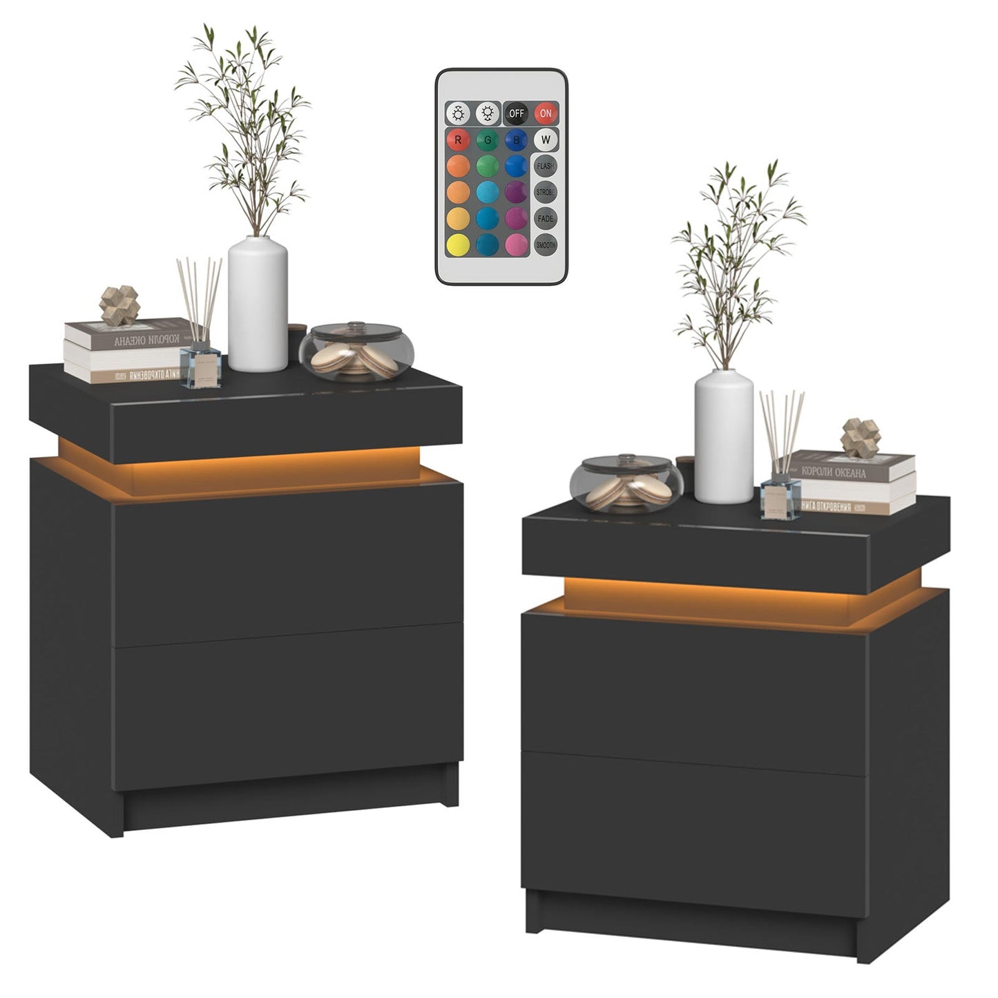 Advwin Set of 2 Bedside Table With Nightstand LED