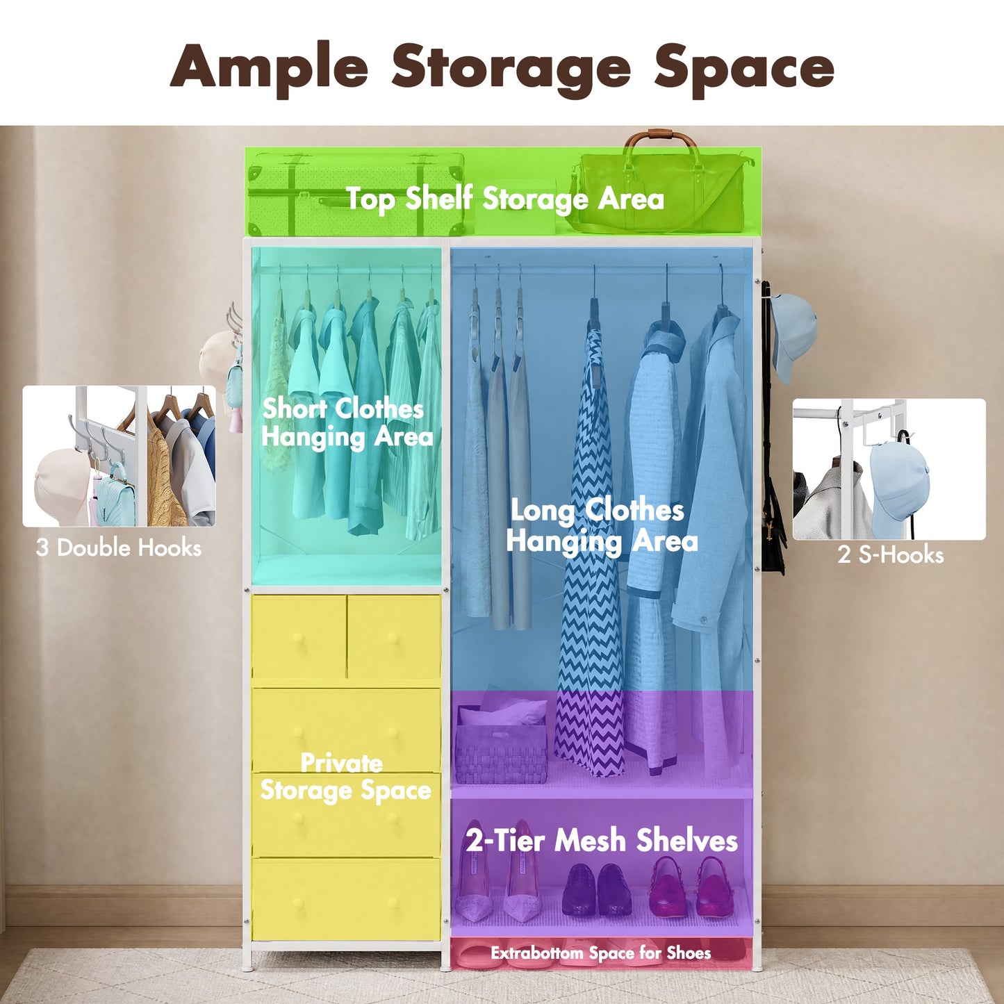 Advwin Portable Wardrobe with 2 Rods & 5 Drawers