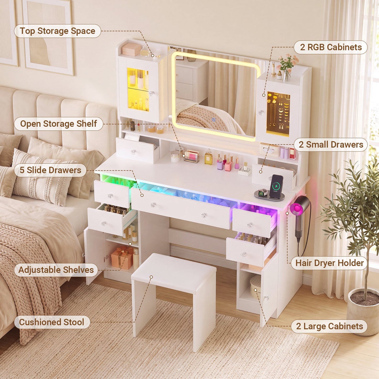 Advwin Dressing Table with RGB Light & Jewelry Cabinet