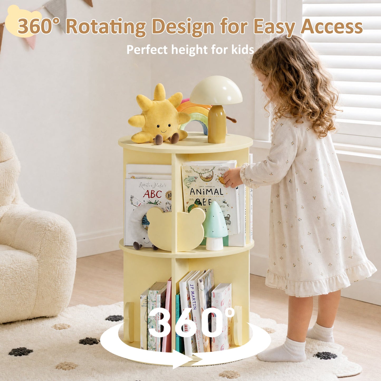 Advwin 2-Tier Kids 360° Rotating Bookshelf Yellow