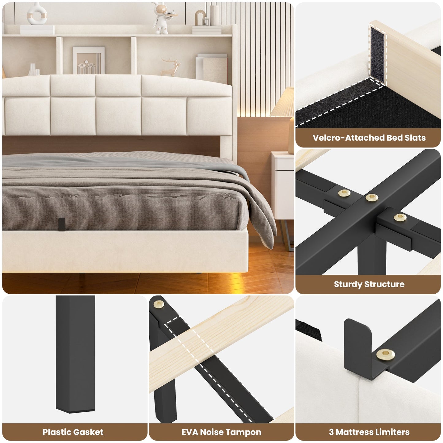 Advwin Velvet Floating Bed Frame with LED Lights
