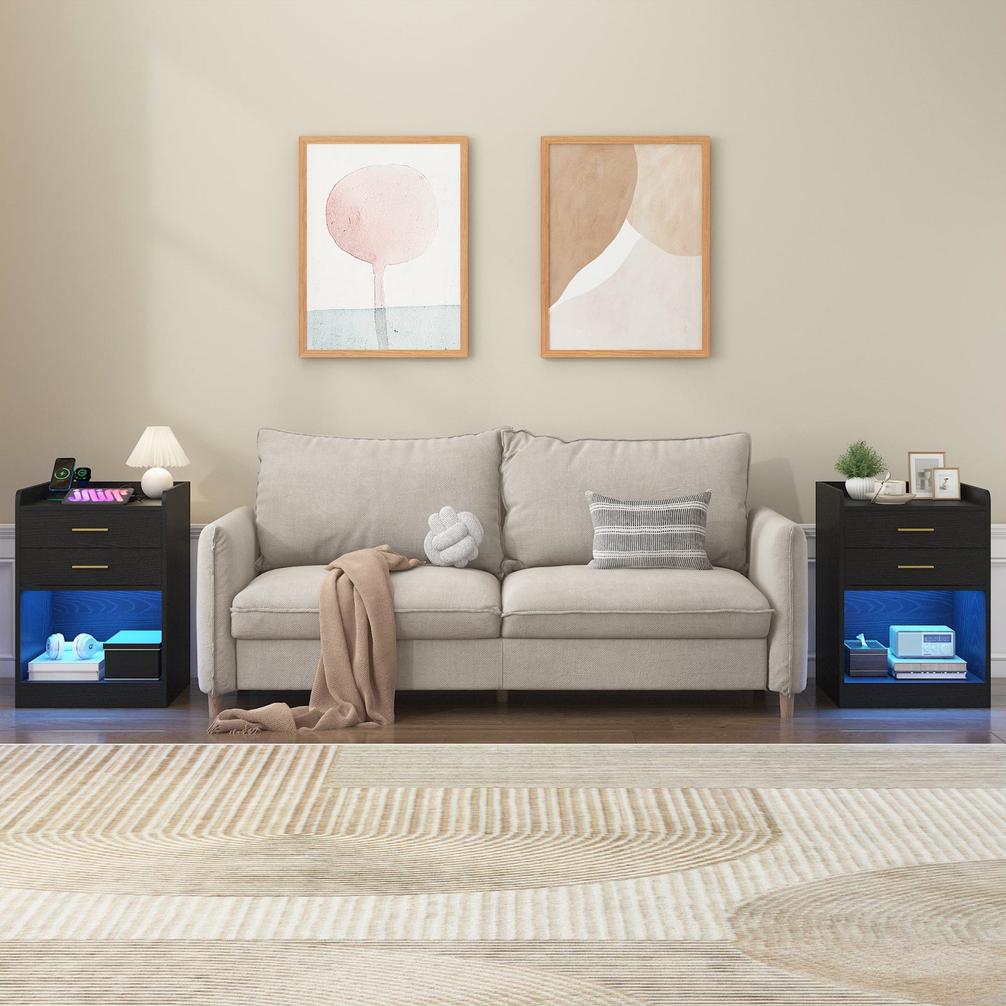 Advwin LED Bedside Table with Charging Station Set of 2