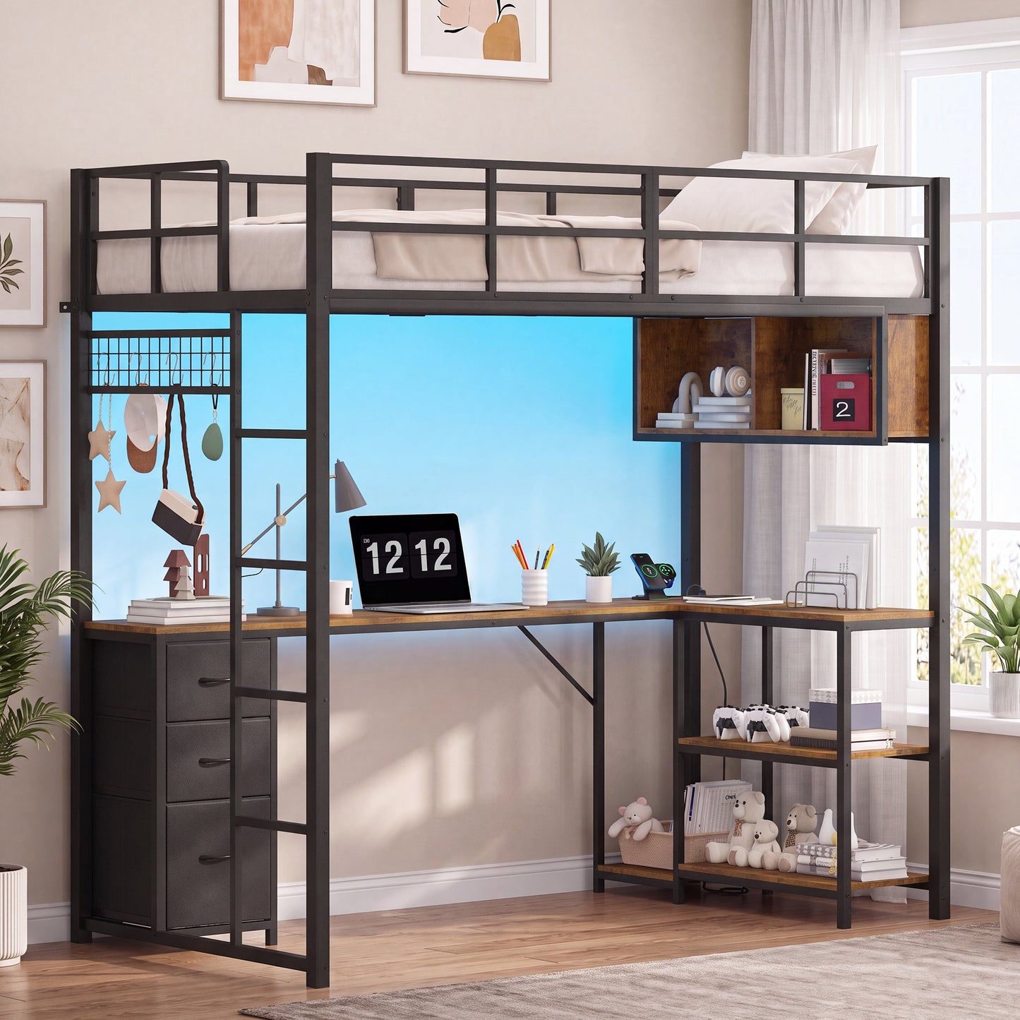 Advwin LED Loft Bed Frame w/ L-Shaped Desk & Charging Station