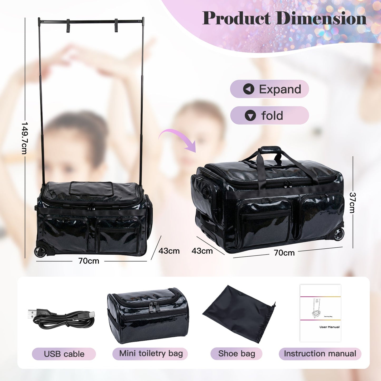Advwin 26Inch Rolling Dance Bag with Garment Rack