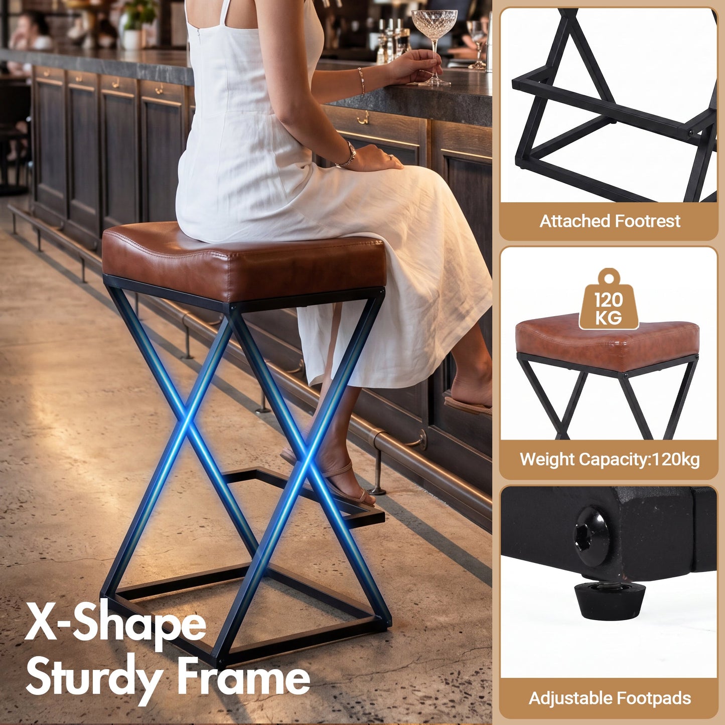 Advwin Set of 2 PU Leather Bar Stools with Footrest