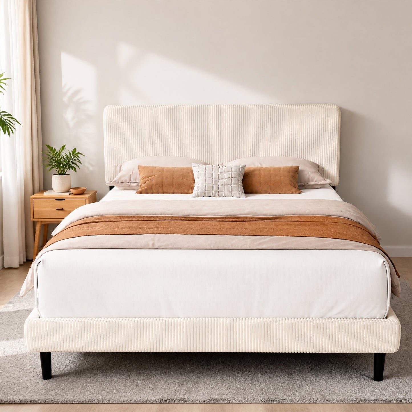 Advwin Upholstered Bed w/ Adjustable Headboard Beige