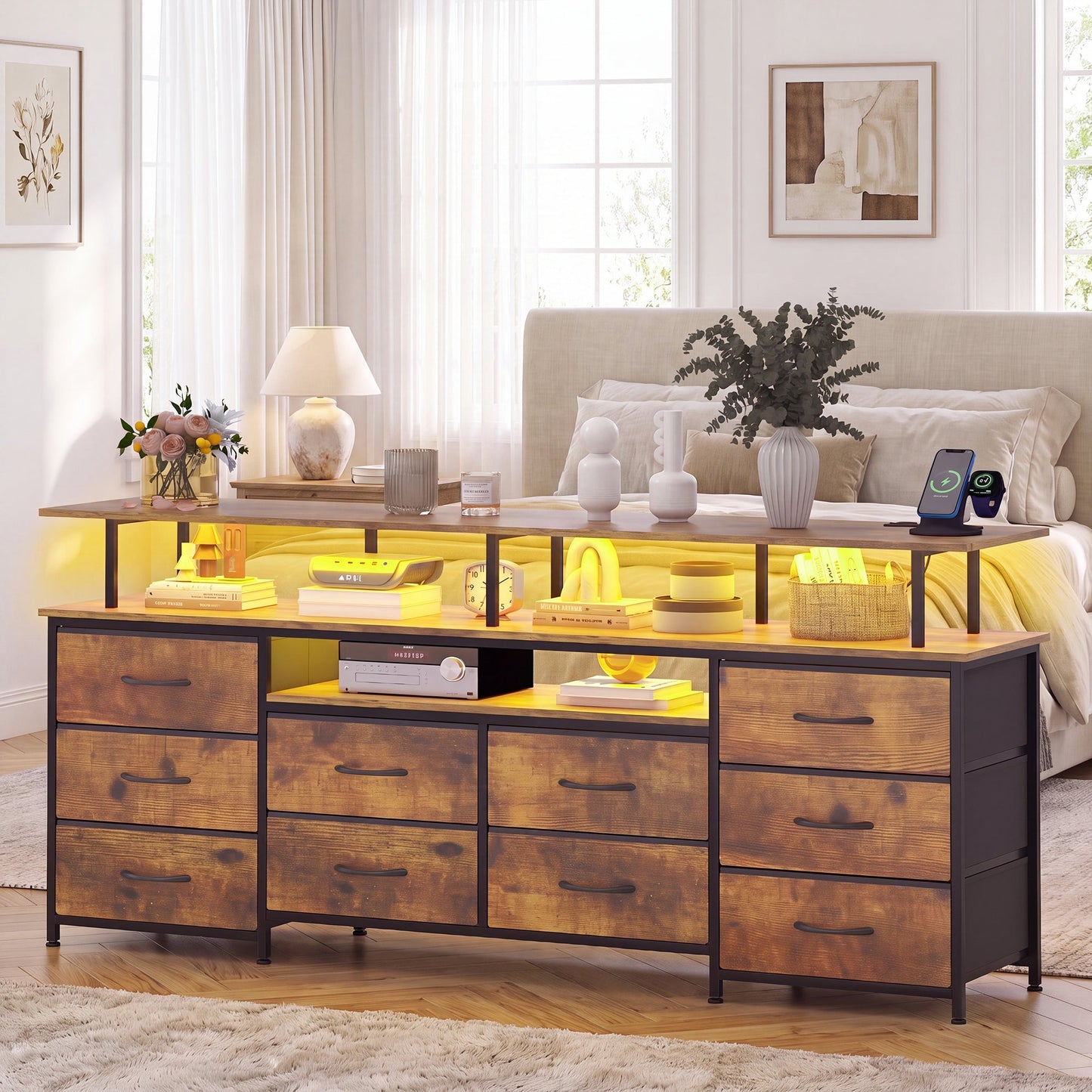 Advwin 160cm TV Stand with Open Storage & LED Lights