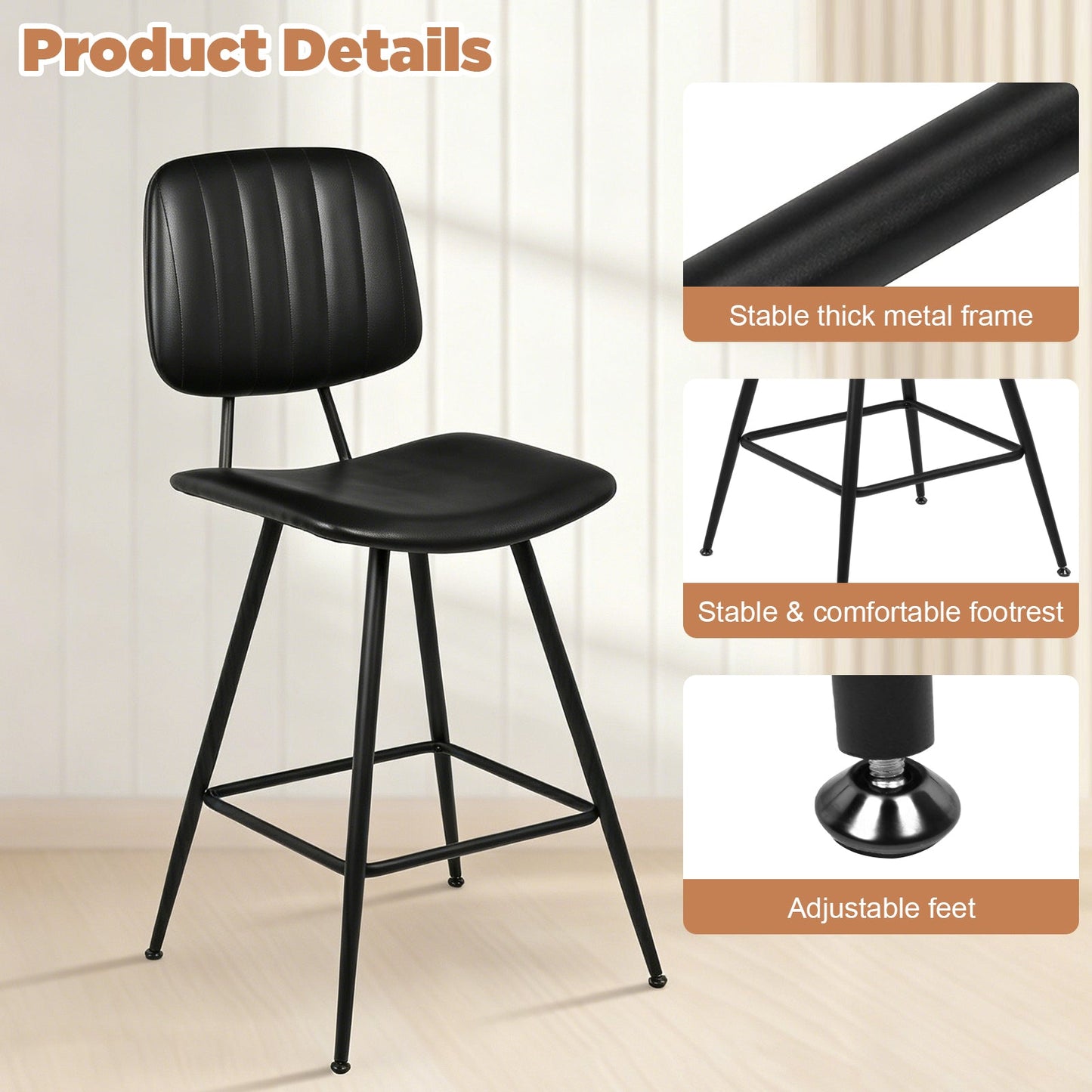 Advwin Set of 4 PU Leather Bar Stools with Back & Footrest