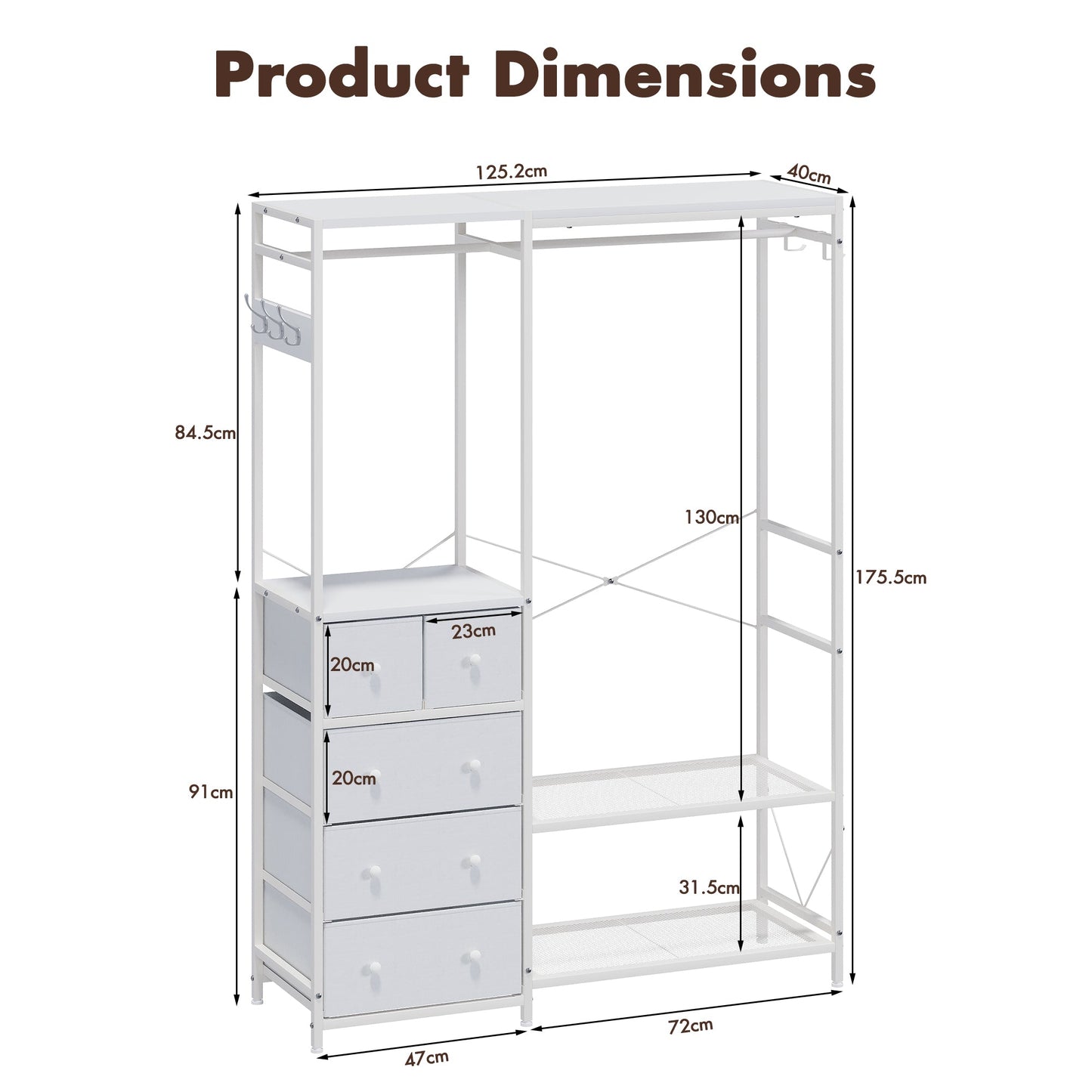 Advwin Portable Wardrobe with 2 Rods & 5 Drawers