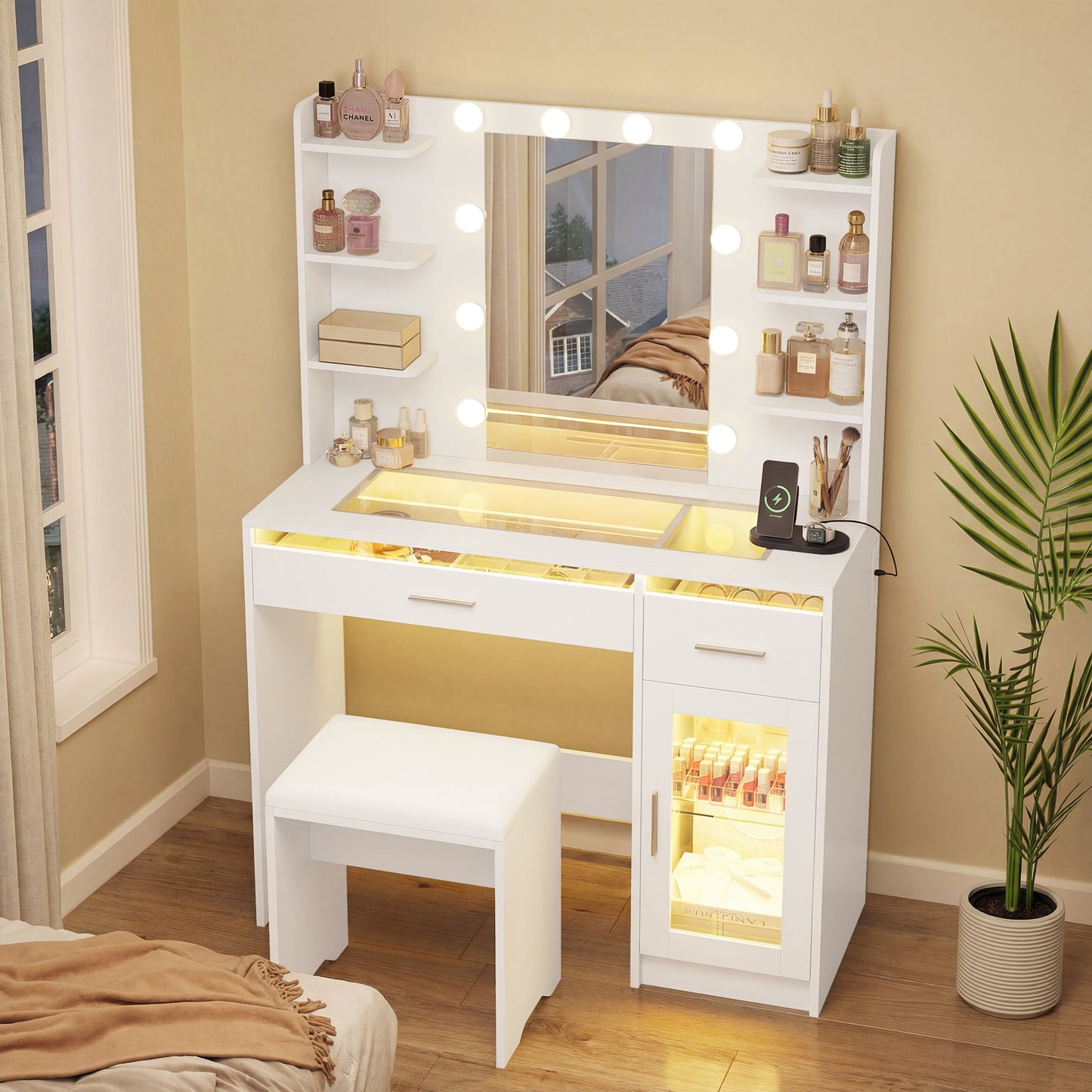 Advwin Vanity Desk with Glass Tabletop White