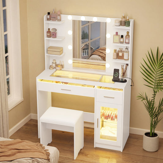 Advwin Vanity Desk with Glass Tabletop White