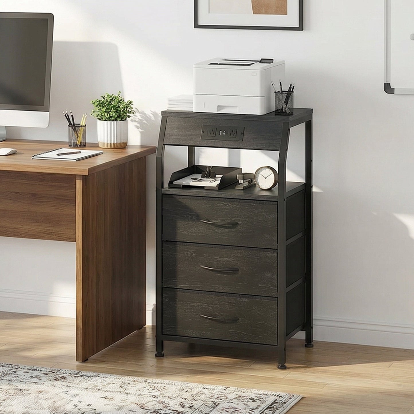 Advwin Bedside Table with 3 Drawers and Charging Station