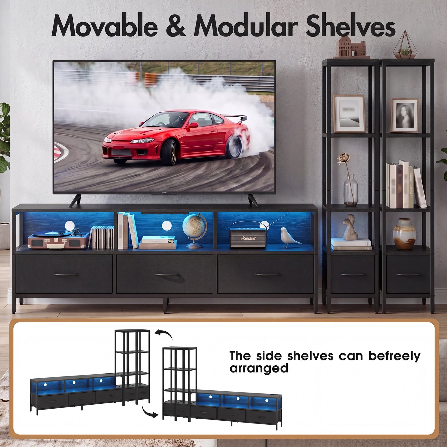 Advwin 197cm TV Stand with Bookshelf & LED Lights