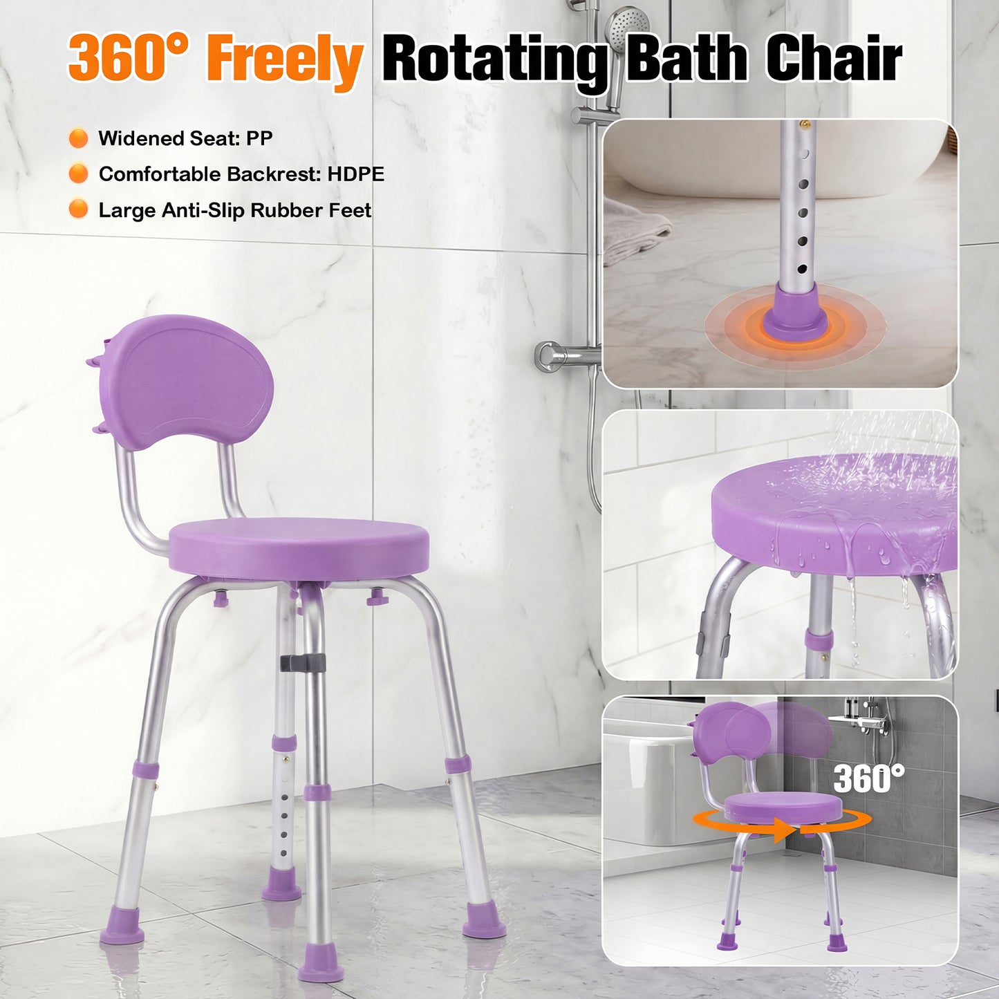 Advwin Adjustable 360° Swivel Shower Chair for Seniors
