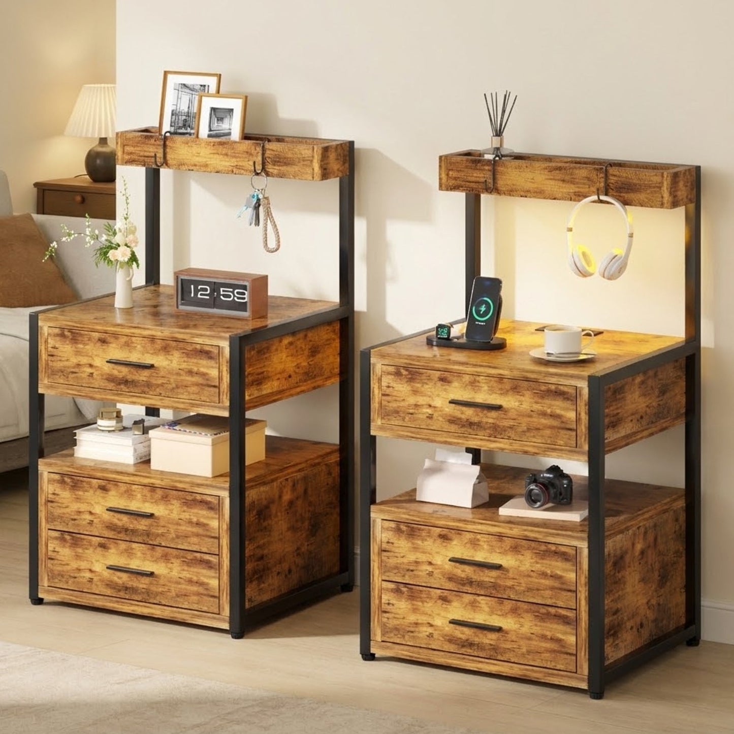 Advwin Bedside Table with Charging Station Set of 2