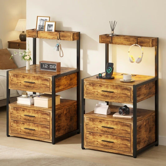 Advwin Bedside Table with Charging Station Set of 2