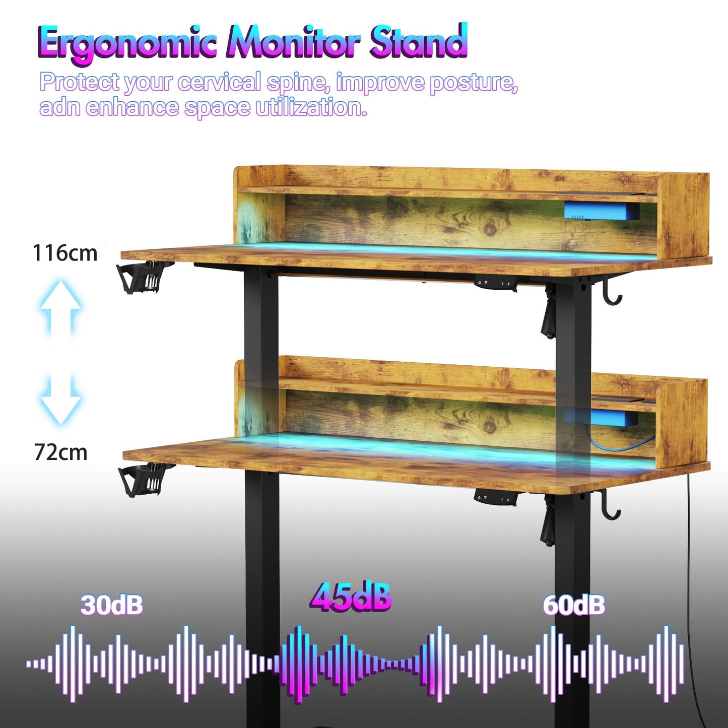 Advwin LED RGB Light Electric Standing Desk Brown