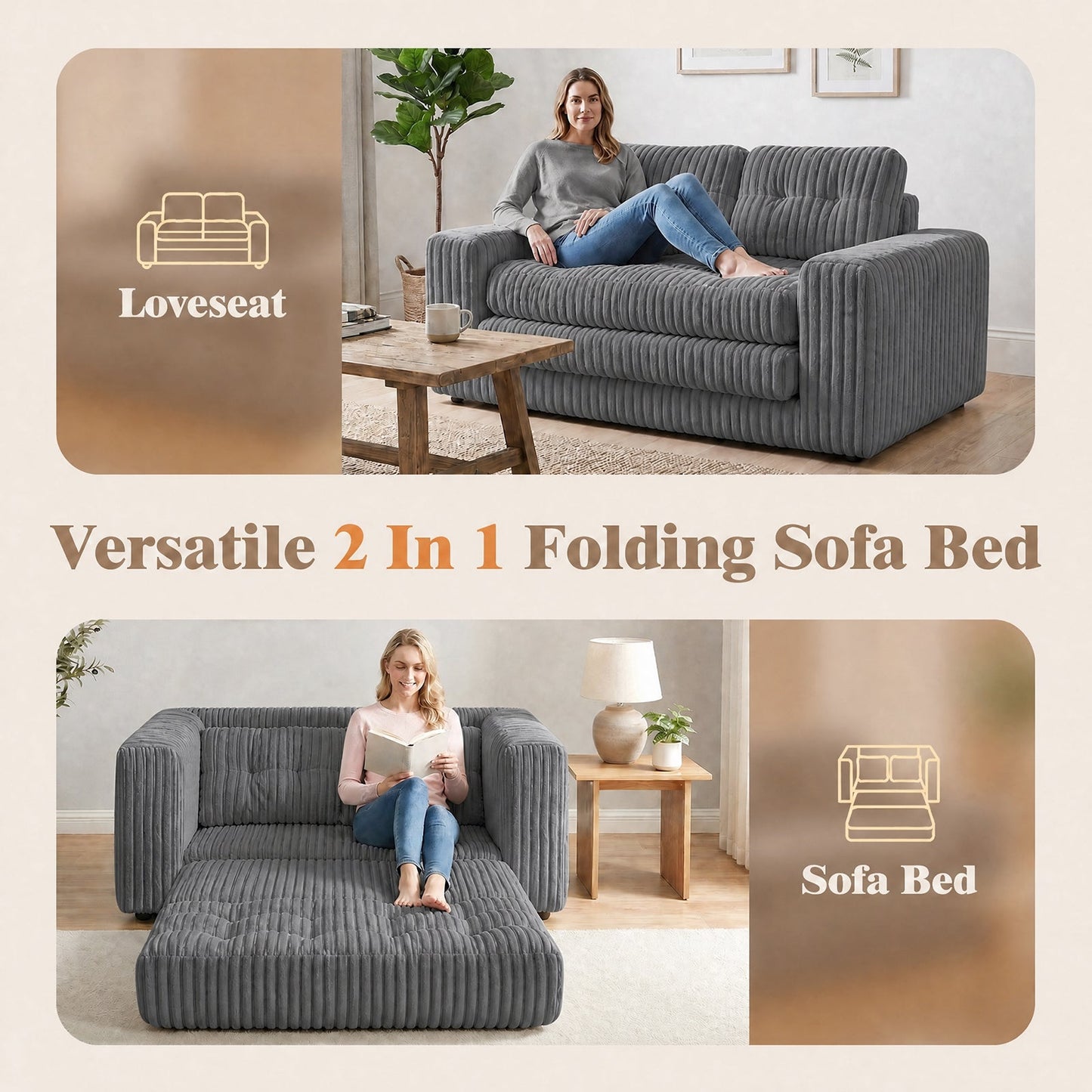 Advwin 2-in-1 Convertible Wide-Wale Corduroy Sofa Bed