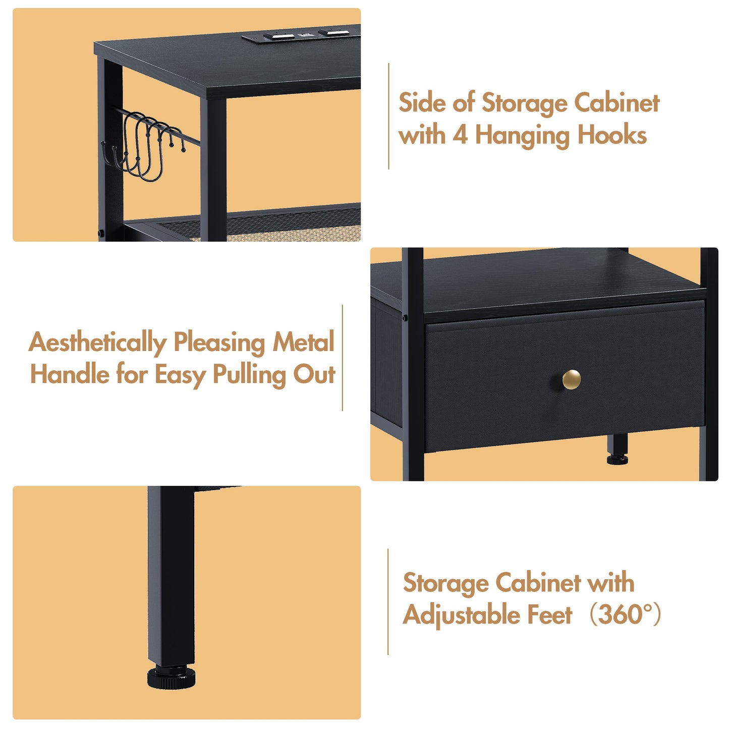 Advwin 3-Tier Bedside Table with Fabric Drawer and Lights
