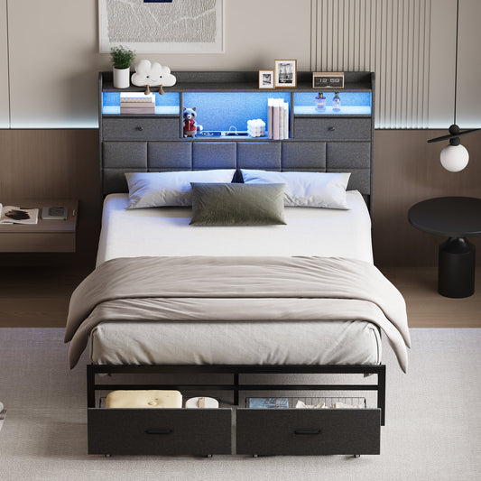 Advwin Bed Frame with RGB LED and Charging Station Grey