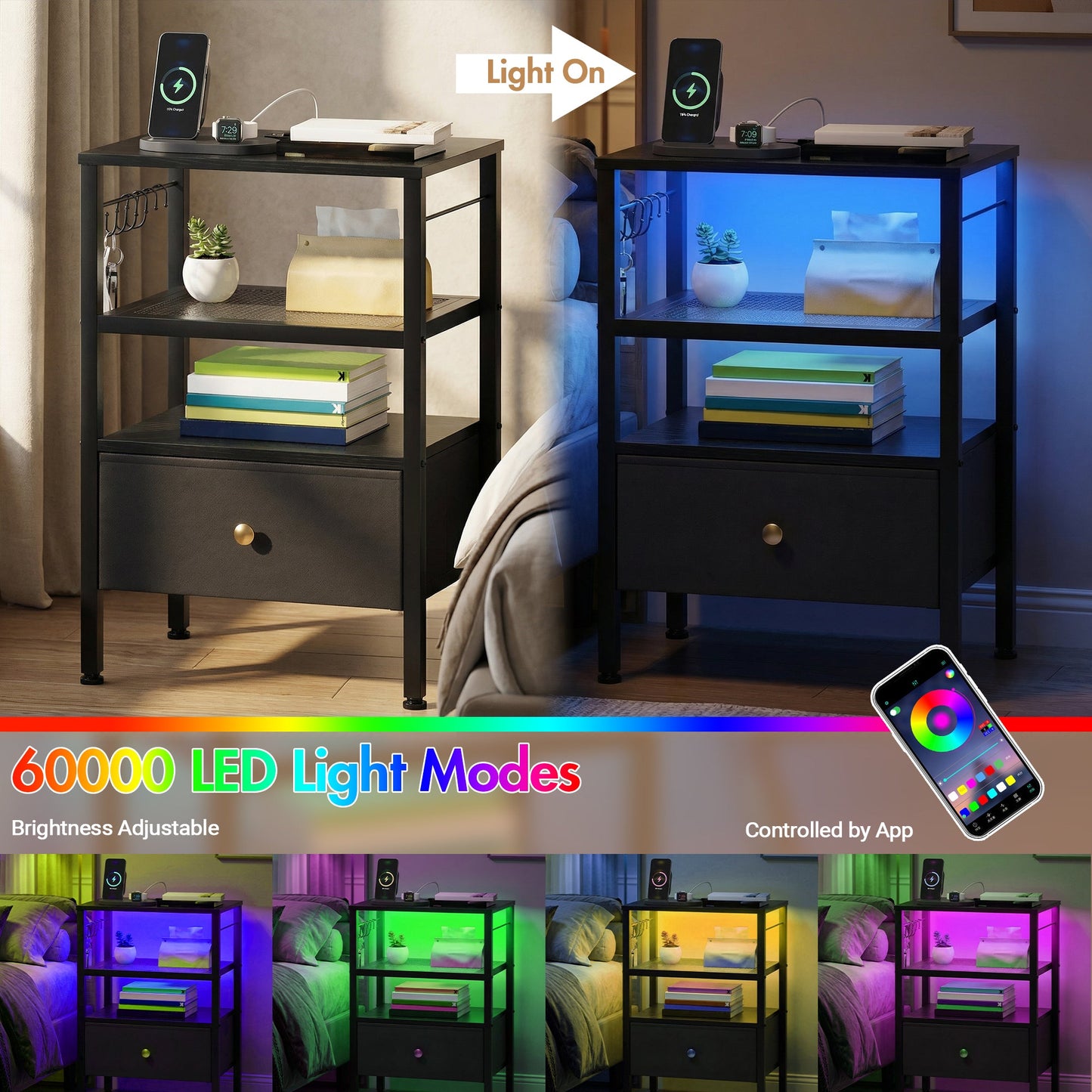 Advwin 3-Tier Bedside Table with Fabric Drawer and Lights