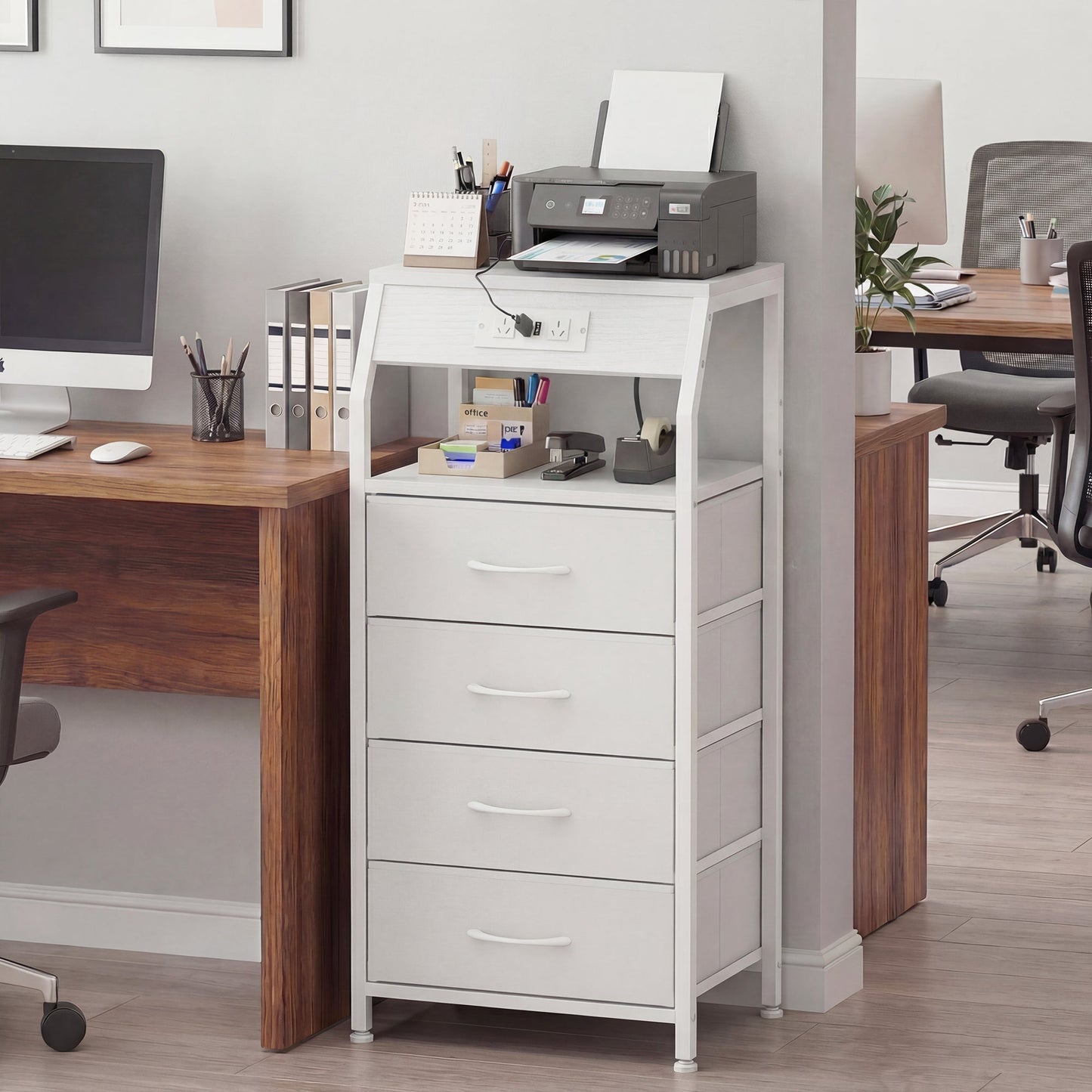 Advwin Bedside Table with 4 Drawers and Charging Station