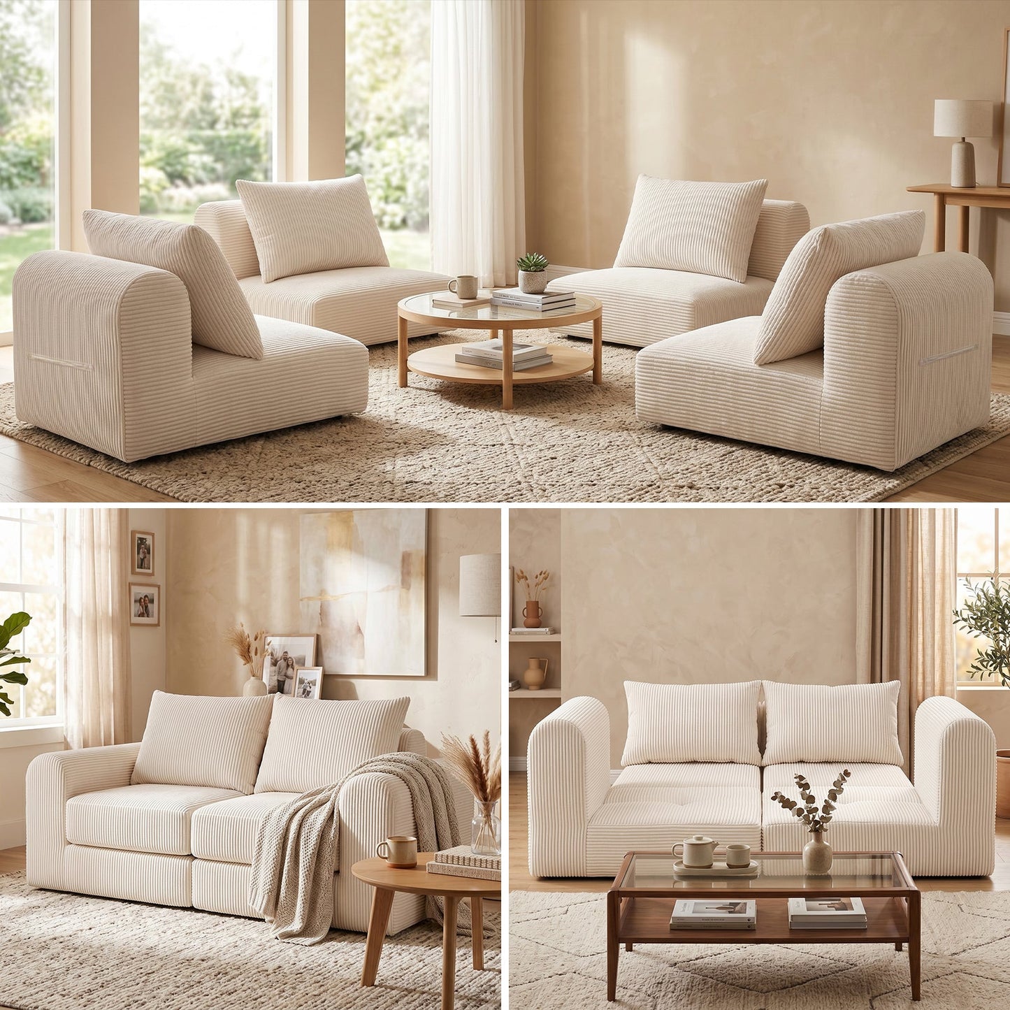 Advwin 172cm Modular Corduroy 3-in-1 Sofa Lounger