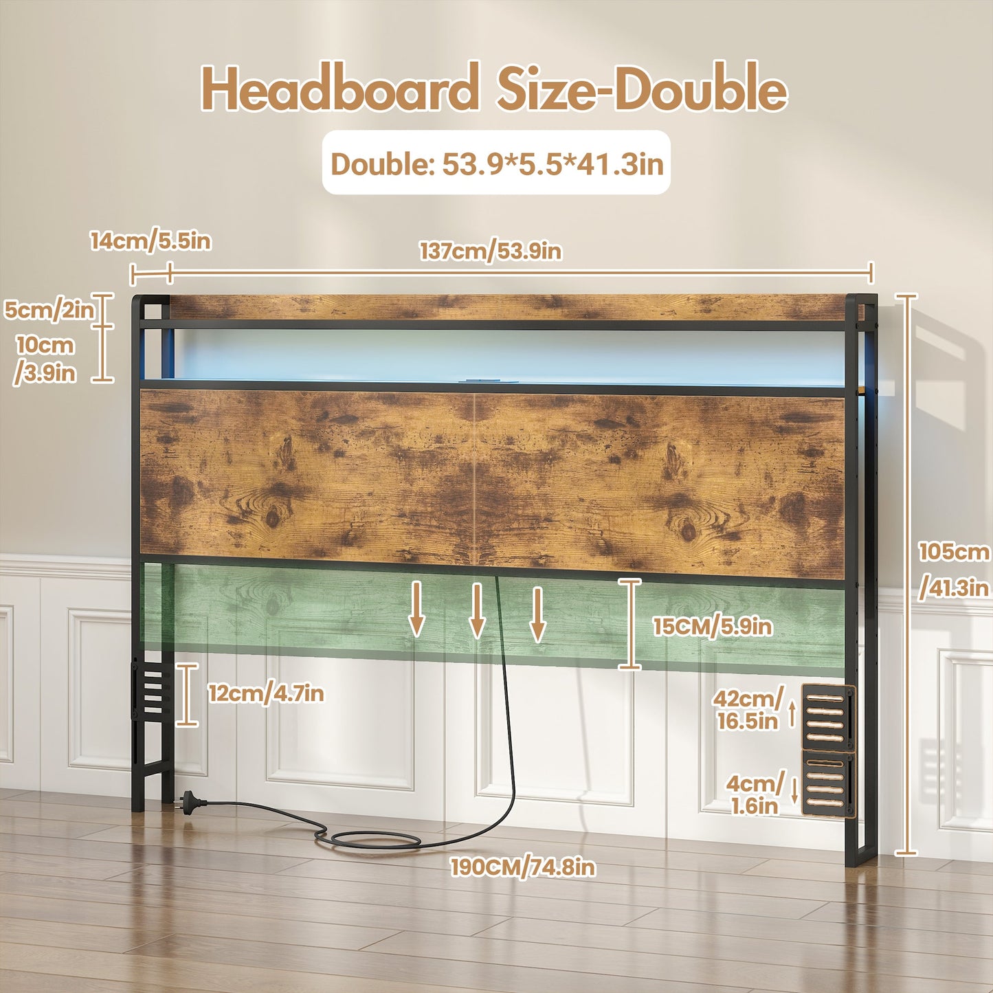 Advwin Storage Headboard with LED Light Charging Station