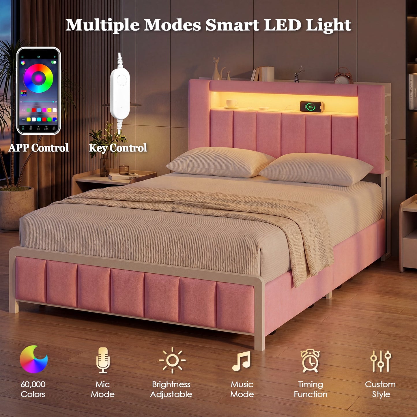 Advwin Bed Frame with LED Shelves & Charging Station Pink