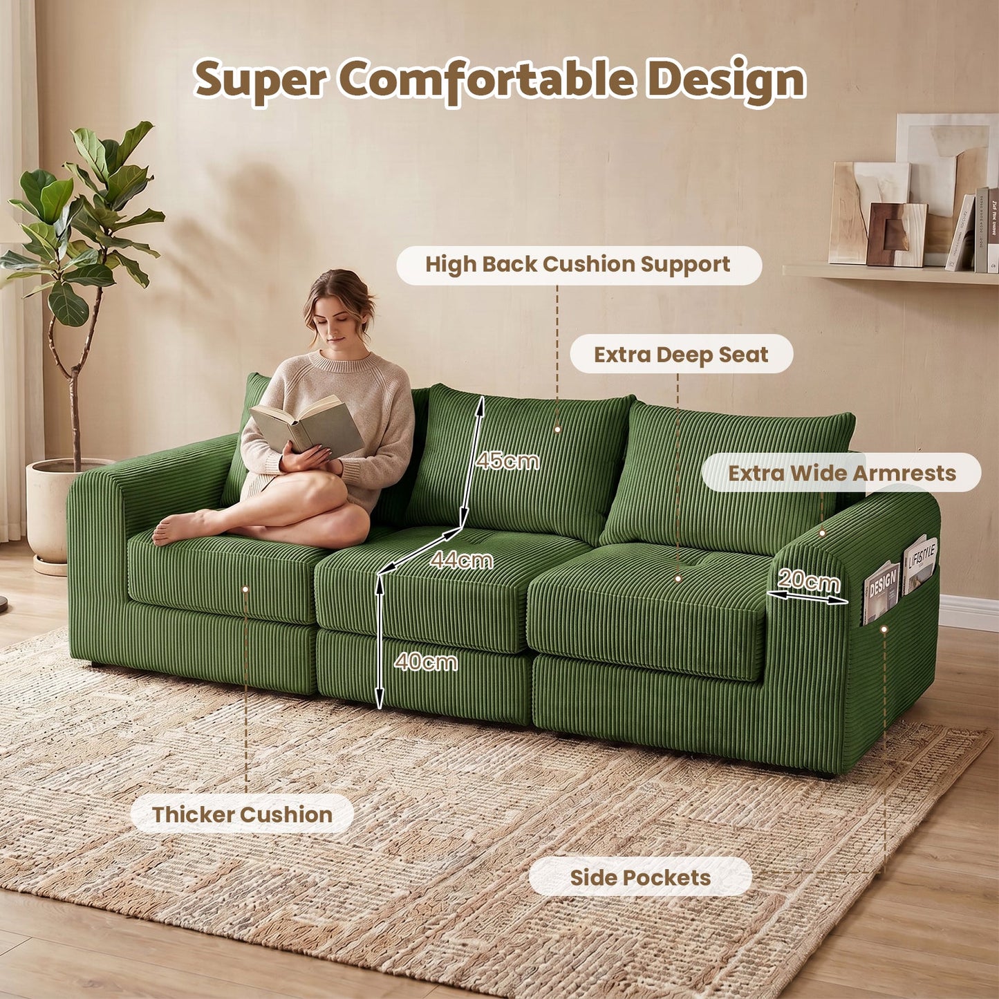Advwin 235cm Corduroy 3-Seater Modular Sofa Bed